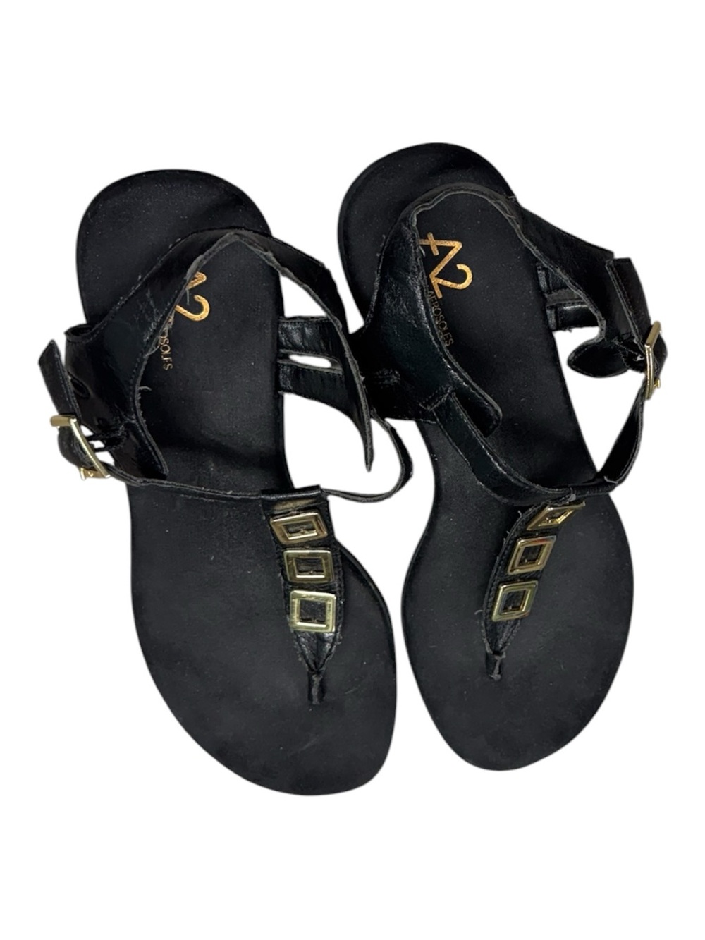 🆕A2 By Aerosoles Black T-Strap Sandals with Gold Square Accents